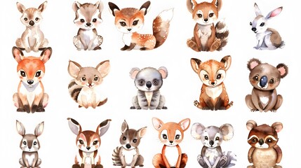 Fototapeta premium Watercolor Collection of Adorable Baby Animals Including Deer, Fox, and Others in a Whimsical Style