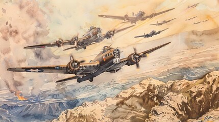 Vintage watercolor of a squadron of WWII bombers flying over a rugged landscape, the detail in the aircraft contrasting with the simplicity of the ground below