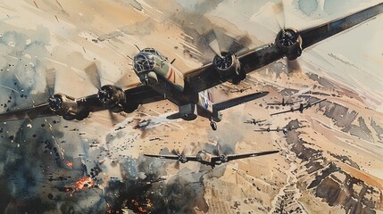 Vintage watercolor of a squadron of WWII bombers flying over a rugged landscape, the detail in the aircraft contrasting with the simplicity of the ground below