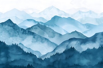 Watercolor Mountain Background, Depicting a Minimalist Landscape with Tranquil Mountains