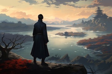 Man Standing on Cliff Overlooking Lake