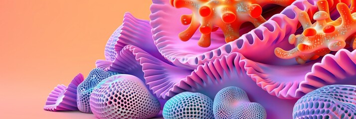 Fototapeta premium Y2K sea corals and stars inspired stacked shapes in a 3d surrealist rounded shapes geometric style, vibrant colors, dopamine image