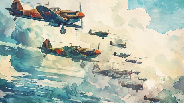 Vintage watercolor illustration of a fleet of WWII aircraft flying in formation against a backdrop of a vast, clear blue sky