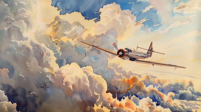 Vintage watercolor scene featuring a Gloster Meteor cruising through a sky dotted with cumulus clouds, capturing the essence of early jet-powered flight