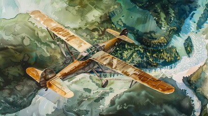 Watercolor aerial view of a vintage aircraft flying over a lush landscape, capturing the contrast between man-made marvels and natural beauty