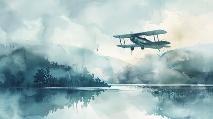 Watercolor artwork of a biplane flying over a tranquil landscape, the simplicity of the design ideal for printable nursery art