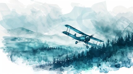 Watercolor artwork of a biplane flying over a tranquil landscape, the simplicity of the design ideal for printable nursery art