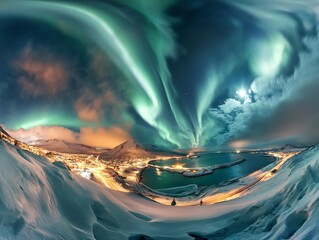 Stunning aurora borealis dance above a luminous town encircled by snow covered mountains.