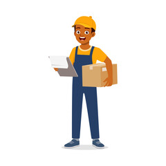 young courier man holding package and clipboard