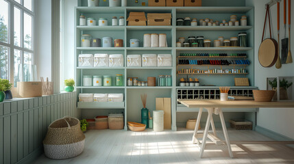 Obraz premium Industrial artist workspace with a desk and a shelf with various products
