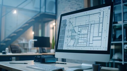 Computer displays 3D blueprints, showcasing architect's workplace.