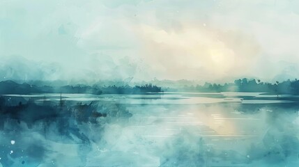 a serene lake surrounded by lush greenery and a clear blue sky, with a lone tree standing tall in t