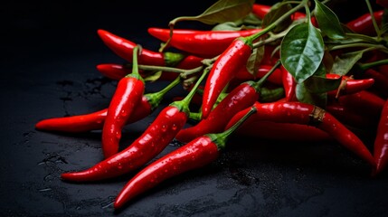 Food photography background - Closeup of ripe red chili peppers branch, on dark black table.