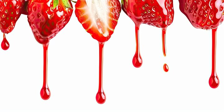 Strawberry syrup drip. Luscious strawberries coated in shiny, dripping red syrup, ideal for food advertising and dessert presentations.