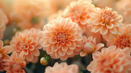 pink dahlia flower, peachy orange colors, bouquet, close up shot, soft vintage tones, aesthetic style