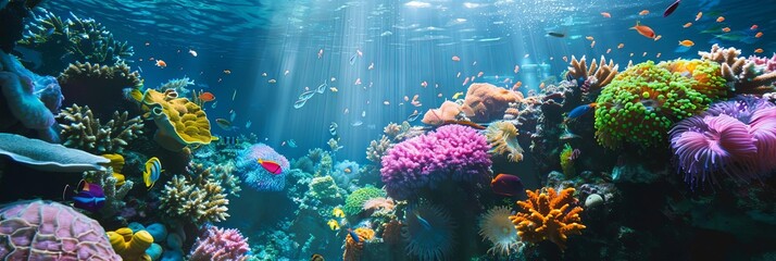 a vibrant underwater world with a variety of colorful fish and flowers