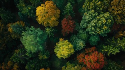 High-resolution shot of seasonal changes in a forest, capturing the gradual transformation of foliage from vibrant green to autumnal hues, representing the passage of time in nature