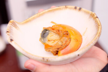 Fresh Shell Scallop in crust, edible raw opened, isolated on woman hand, closed up, top view.