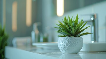 Modern bathroom decor featuring a close-up, high-resolution shot of a small green plant in a stylish pot, enhancing the tranquil and clean environment