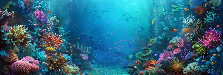 a colorful underwater world featuring a variety of fish and flowers, including orange, blue, green,