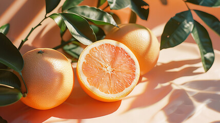 Oranges with leaves on a table, peachy colors, close up shot, soft vintage tones, aesthetic style
