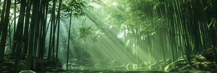 a serene forest scene featuring a tranquil body of water surrounded by lush green trees