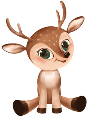 A cute little deer is sitting on a white background