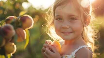 A little girl with a peach in hand, surrounded by nature. Her nose twitches as she bites into the juicy fruit, her hair blowing in the breeze. Happy and content, she enjoys the natural food craving