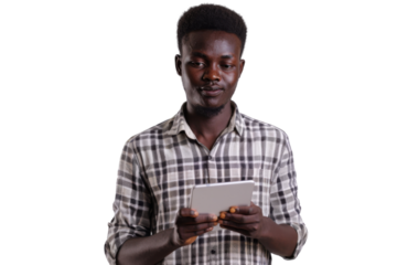 Studio portrait company business worker smart young African American man with serious face holding tablet, isolated on transparent png background.