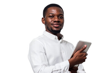 Studio portrait company business worker smart young African American man with serious face holding tablet, isolated on transparent png background.