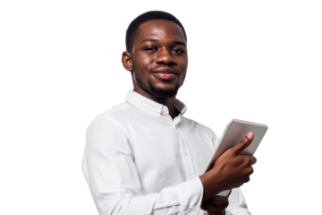 Studio portrait company business worker smart young African American man with serious face holding tablet, isolated on transparent png background.
