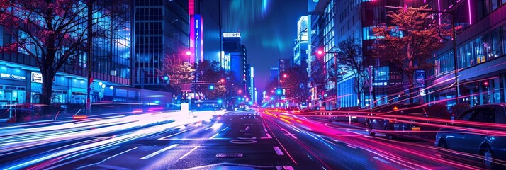 a bustling city street at night with a mix of vehicles and pedestrians, framed by tall buildings an