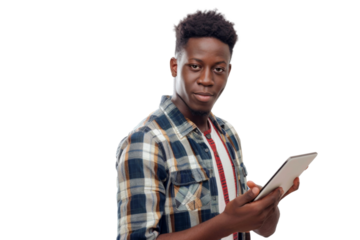 Studio portrait company business worker smart young African American man with serious face holding tablet, isolated on transparent png background.