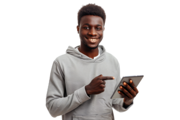 Studio portrait company business worker smart young African American man with serious face holding tablet, isolated on transparent png background.