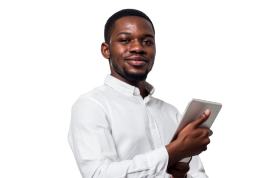 Studio portrait company business worker smart young African American man with serious face holding tablet, isolated on transparent png background.