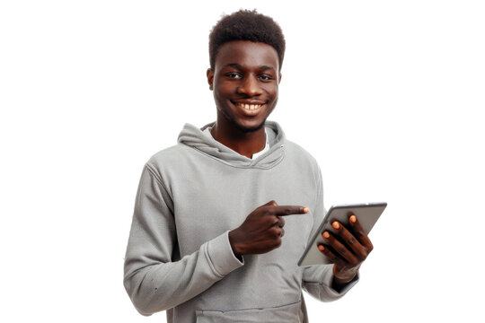 Studio portrait company business worker smart young African American man with serious face holding tablet, isolated on transparent png background.