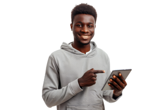 Studio portrait company business worker smart young African American man with serious face holding tablet, isolated on transparent png background.
