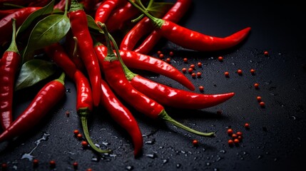 Food photography background - Closeup of ripe red chili peppers branch, on dark black table.