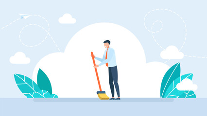 Young smiling man sweeping the floor, house husband working at home. Businessman stands with a broom. Cleaner roads, streets, and parks in working clothes with a broom in hand. Vector Illustration