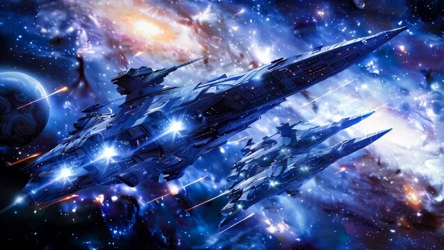 Epic interstellar military spaceships fleet animation