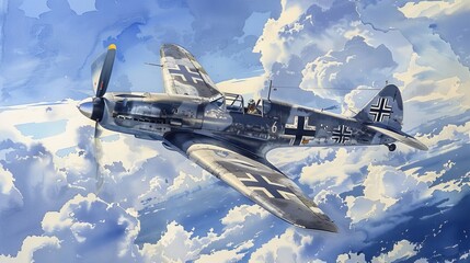 Watercolor scene of a Messerschmitt Bf 109 cruising through a sky dotted with clouds, highlighting the powerful presence of this fighter - obrazy, fototapety, plakaty