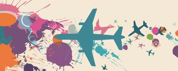 Colorful illustration of planes and creative splashes promoting peace and disarmament