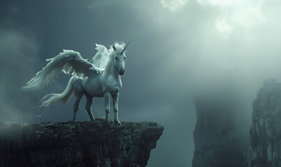 Fairy pegasus in the mountains above the clouds, selective focus Mystical Pegasus Among Majestic Mountains