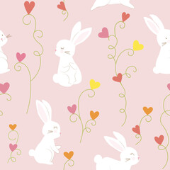  white bunny with vine and heart seamless pattern