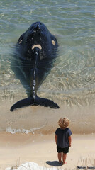 a top view of a colorfull photograph of a big whale swiming in the water at a tropical beach facing a little boy standing on the sand, tropical, sunny day