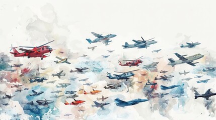 Watercolor illustration of an array of aircraft, from fighter jets to helicopters, arranged in an elegant formation on a white canvas