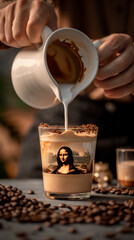 A skilled barista carefully pouring steamed milk into a glass of espresso, creating a remarkably detailed rendition of the Girl within the layered coffee and milk swirls.. - obrazy, fototapety, plakaty