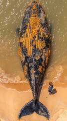 a top view of a colorfull photograph of a big whale swiming in the water at a tropical beach facing a little boy standing on the sand, tropical, sunny day