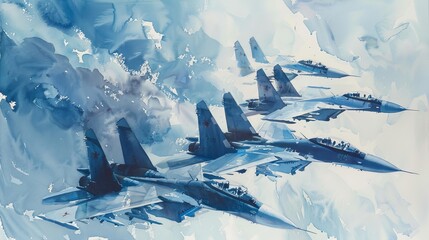 Watercolor painting of a squadron of fighter jets in formation, their precise lines and sharp angles showcasing the precision of modern aviation