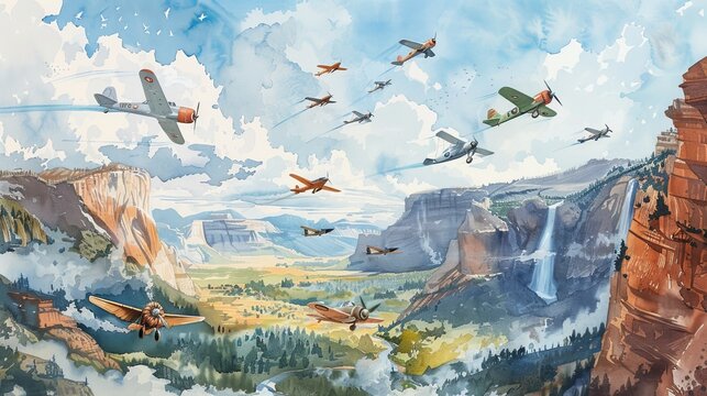 Watercolor painting of a group of animal pilots in various aircraft, including jets and prop planes, flying in formation over a scenic valley